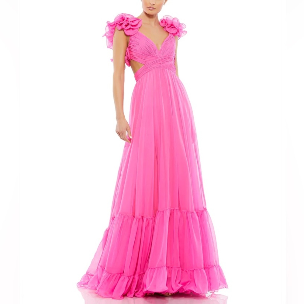 NWT Mac Duggal 67911 Hot Pink Ruffle Tied Cut-Out Chiffon Gown - Sz 10